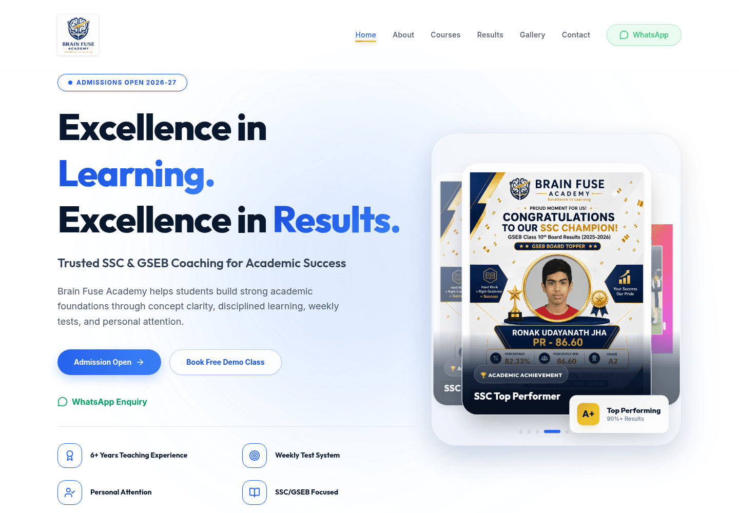 Demo website for an exam coaching academy, showing results and admission calls to action.