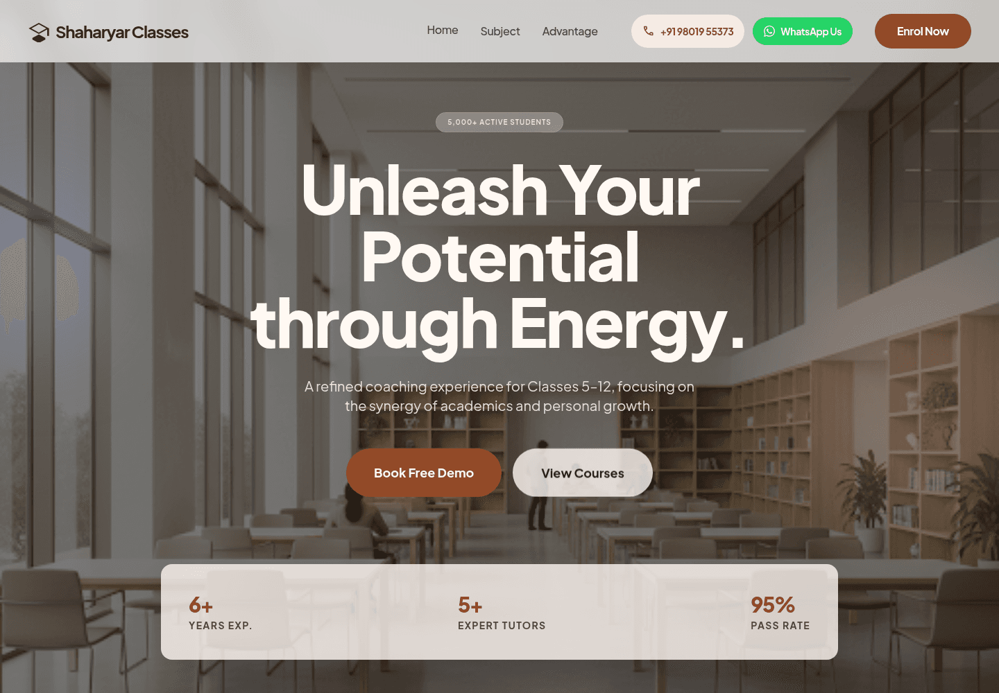 Demo website for a coaching institute, with a hero headline and enrolment buttons.
