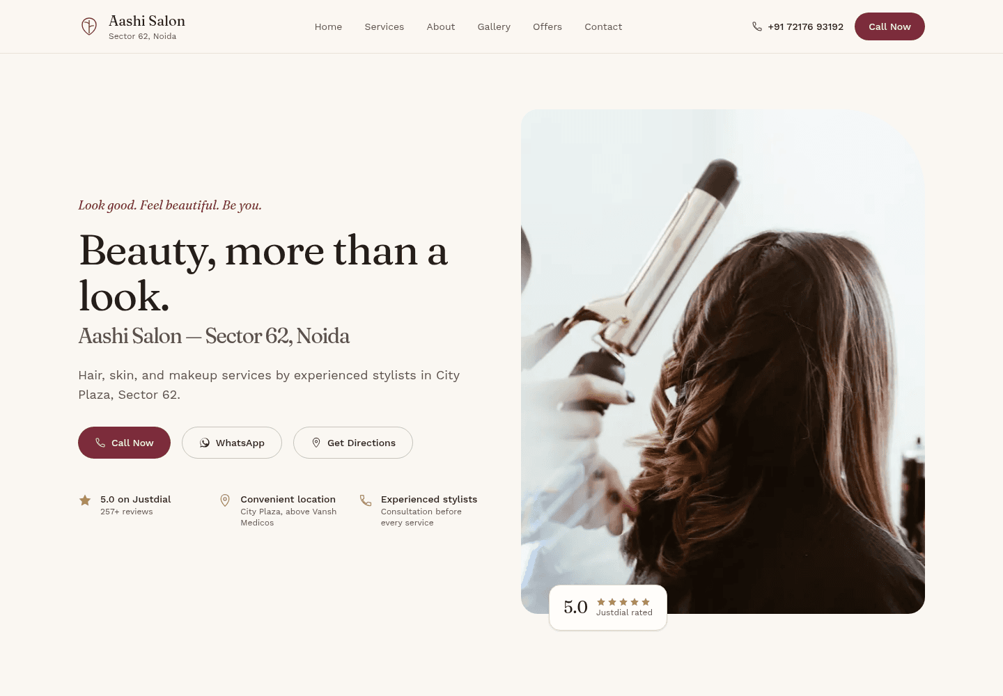 Aashi Salon website homepage, showing the hero headline and contact buttons.
