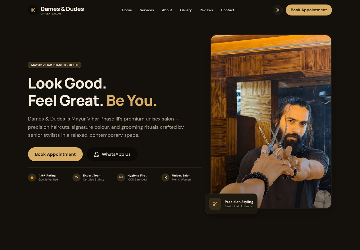 Dames & Dudes salon website homepage, showing the hero headline and booking buttons.